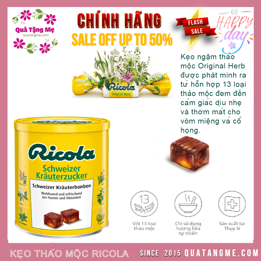 Kẹo ngậm đau họng Ricola Shweizer Krauterzucker tạo cảm giác dịu nhẹ và thơm mát miệng và cổ họng - QuaTangMe Extaste