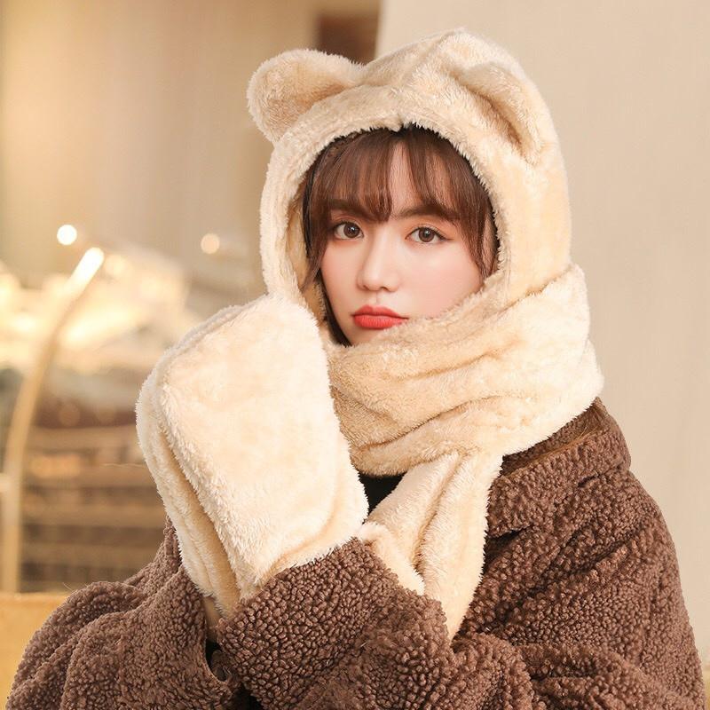 MVP1159 Mũ lông cừu tai gấu kèm khăn quàng cổ và găng tay ấm áp ulzzang Hàn Quốc