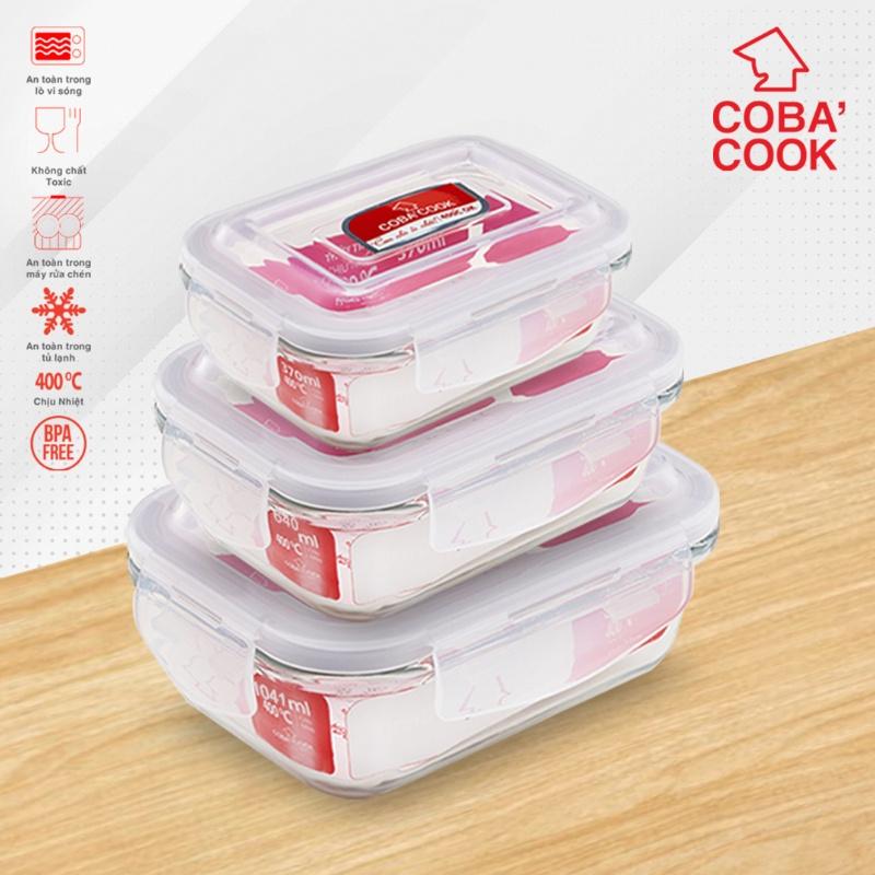 Bộ 3 hộp đựng cơm trữ thức ăn thực phẩm thủy tinh chịu nhiệt COBACOOK hộp chữ nhật- CCL3L6L13