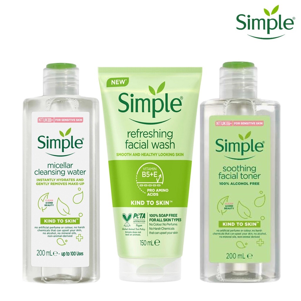 Combo Simple Tẩy trang Micellar 200ml + Sữa rửa mặt 150ml + Nước cân bằng Toner 200ml