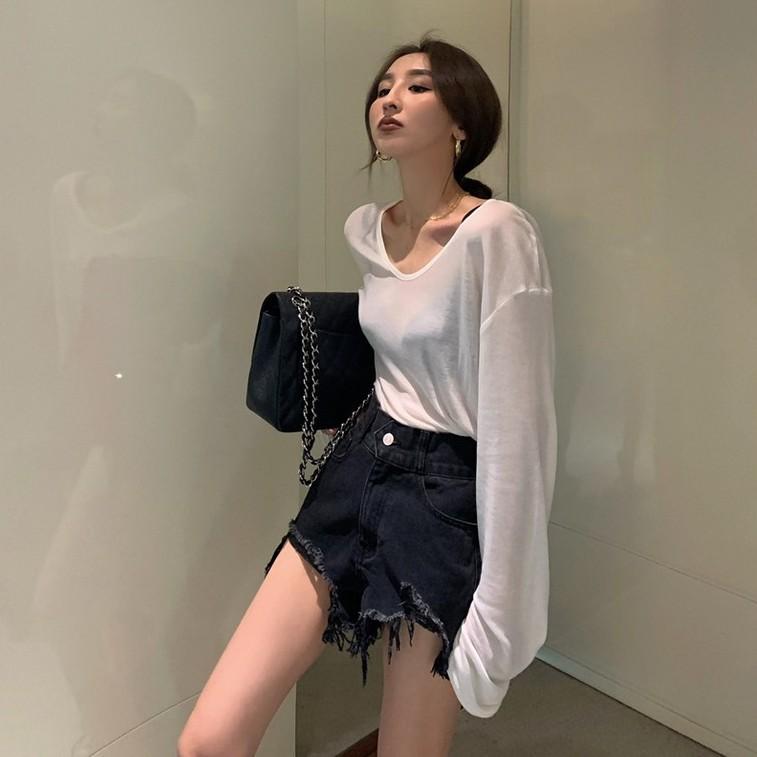 fashion Simplicity Solid color Women's suits Sun protection Long sleeve T-shirt High waist denim shorts