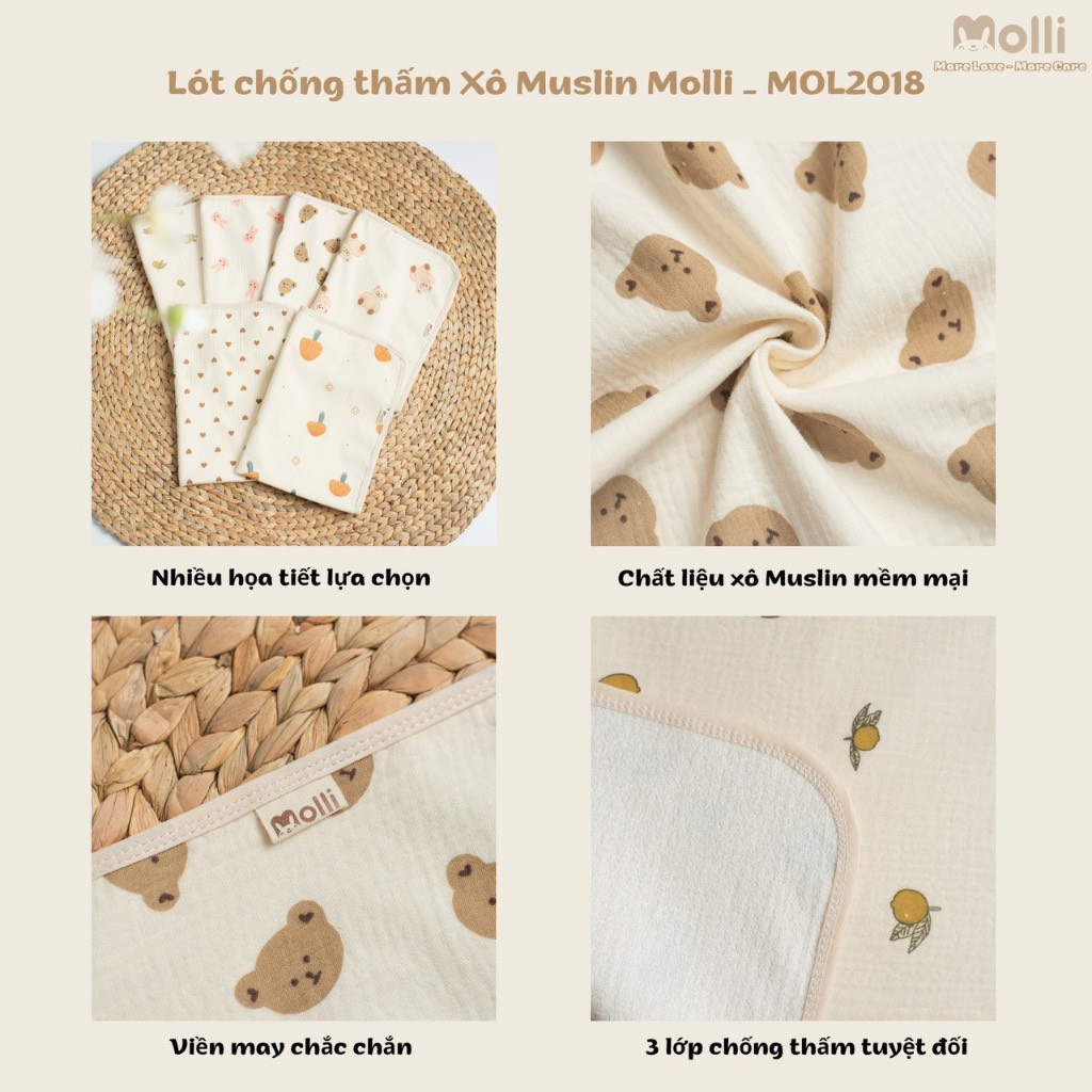 Lót xô muslin chống thấm Molli cho bé kt 50*70cm