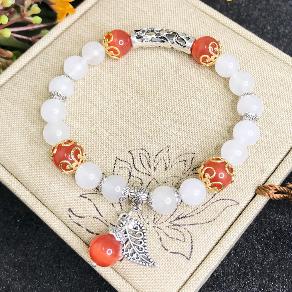 Vòng Tay Phong Thủy Mệnh Kim - Vòng Tay Nữ Mã Não Trắng 8mm Mix Hoa Văn Độc Đáo 2019 V358-8