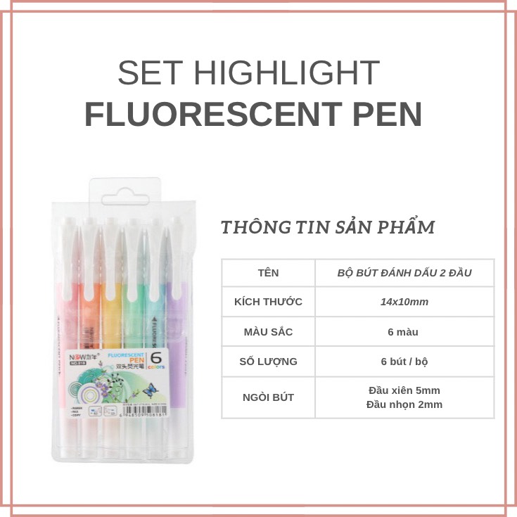 Set 6 bút highlight dạ quang đánh dấu dòng Pastel 2 đầu FLUORESCENT PEN