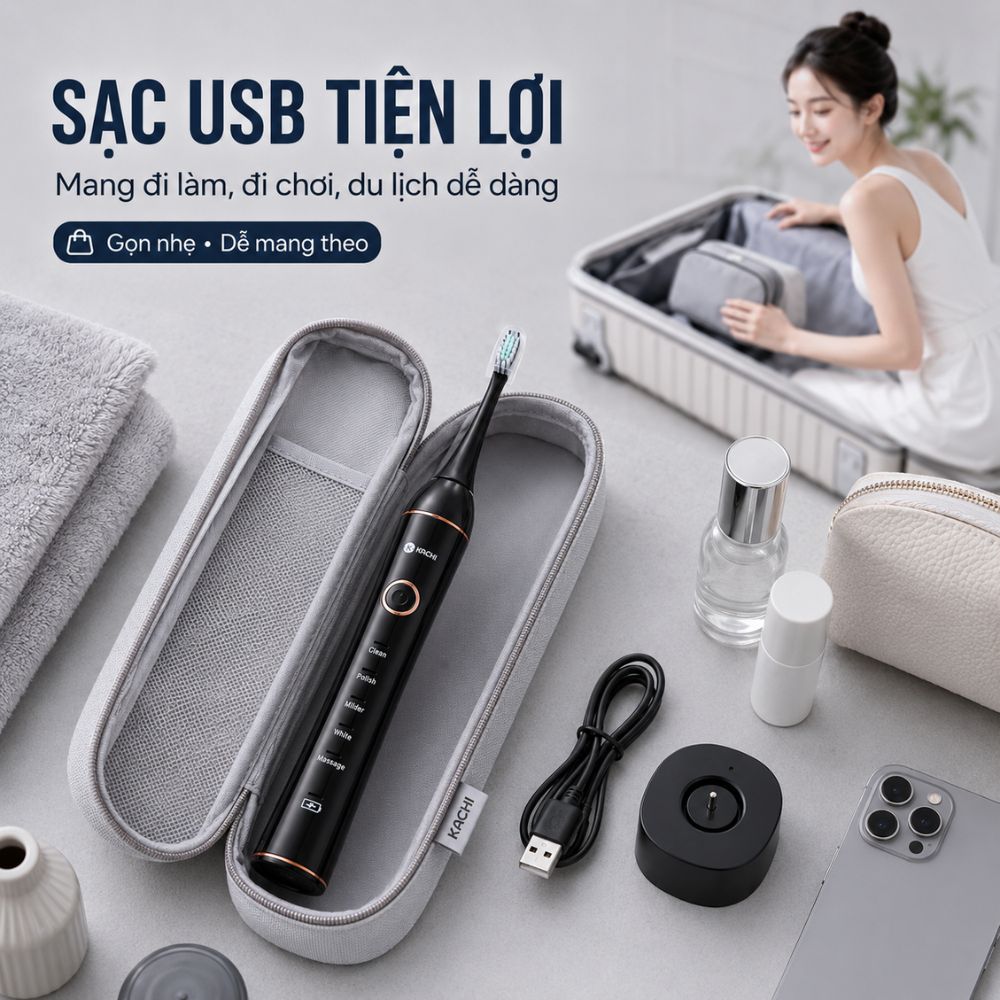 COMBO chăm sóc răng miệng toàn diện Kachi bàn chải điện làm sạch bề mặt răng + tăm nước làm sạch kẽ răng - hàng chính hãng