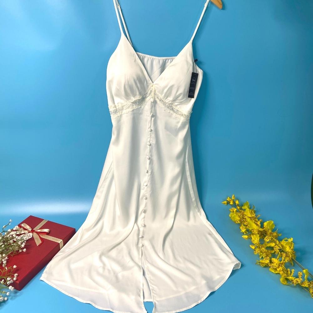 Váy ngủ nữ, váy 2 dây lụa mềm quyến rũ VILADY - V121 thiết kế siêu sang màu Trắng gạo, chất liệu lụa Pháp ( lụa latin) cao cấp
