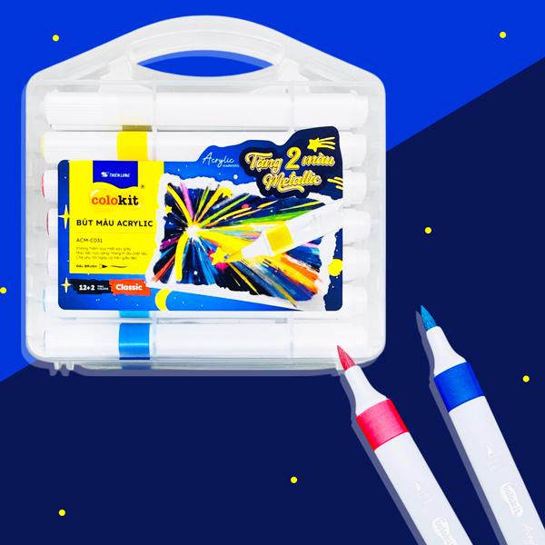 Hộp 12 Bút Màu Acrylic Đầu Brush + 2 Màu Metallic - Colokit ACM-C031