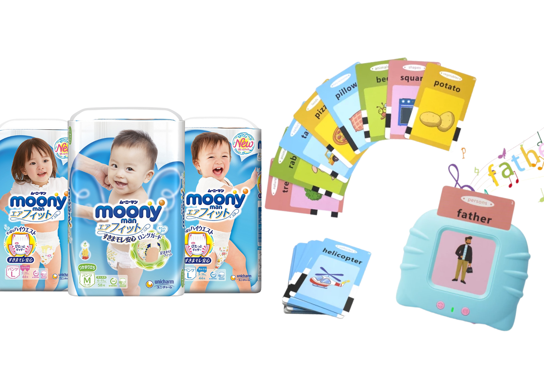 Combo 3 gói tã dán Moony cao cấp size NB90/S84/M64/L54 tặng tặng máy học song ngữ Anh-Việt bao gồm thẻ TILO KIDS TLK-1199