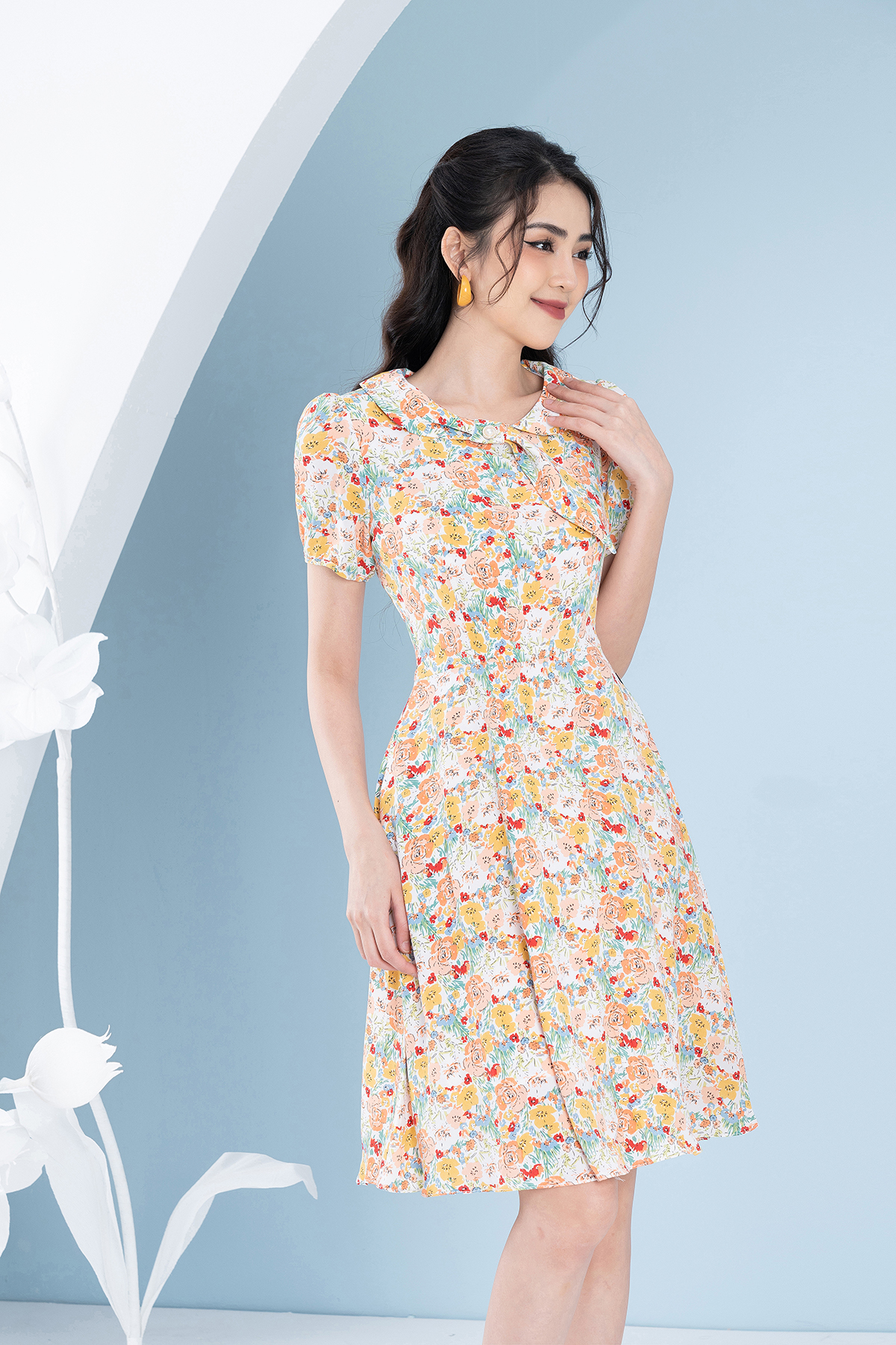 Váy Họa Tiết Hoa Hồng Phối Cổ Nơ Xinh Xắn Luperi LFV3281