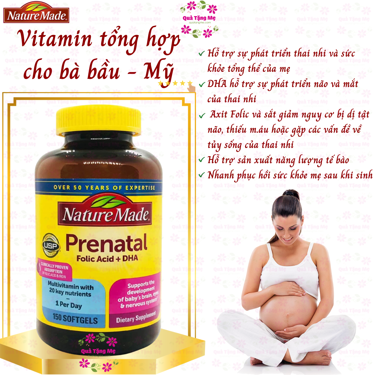 Vitamin cho bà bầu Prenatal Folic Acid+ DHA Nature Made giúp mẹ khỏe, bé phát triển não bộ, hệ thần kinh và thể lực - QuaTangMe Extaste