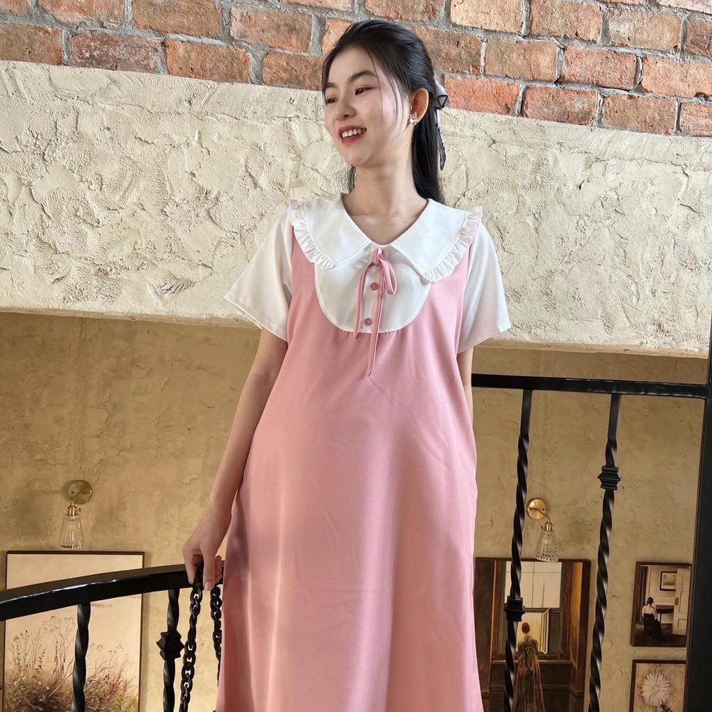 Đầm bầu giả yếm cổ sen bèo form suông công sở cotton lạnh mặc mát mẻ, trẻ trung - Hồng
