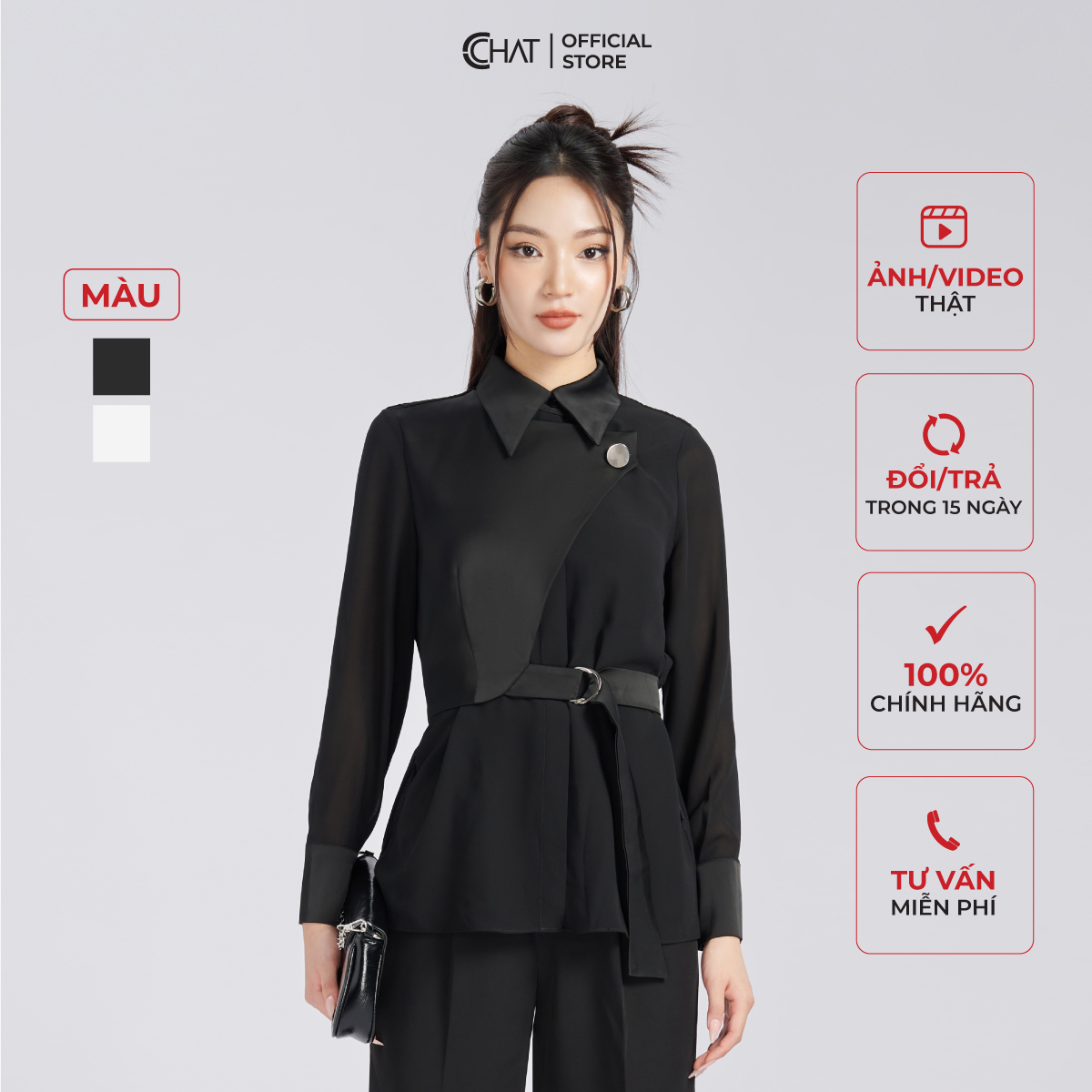 Áo Sơ Mi Nữ Kiểu Dập Ly Tà Bong Kèm Phụ Kiện Chất Chiffon Cao Cấp 53FDH8016ST