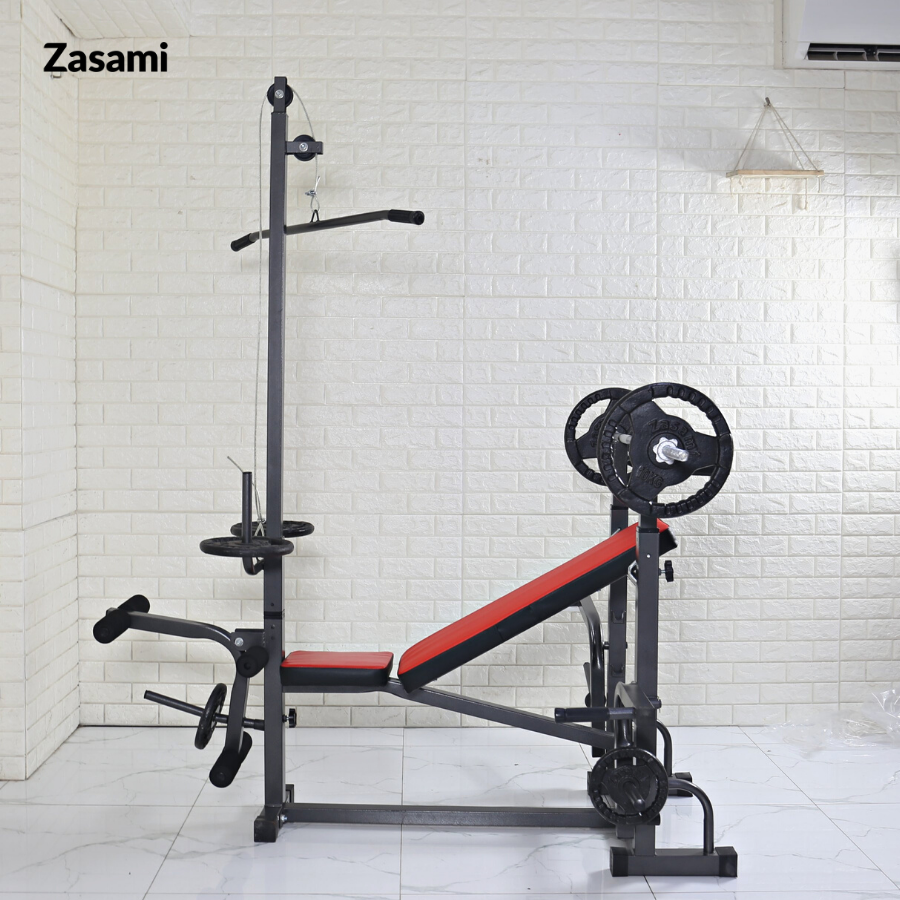 Giàn tạ đa năng 8210 Zasami kèm 50kg tạ gang , đòn tạ 1m5, 1 găng tay tập tạ ( Màu ngẫu nhiên )