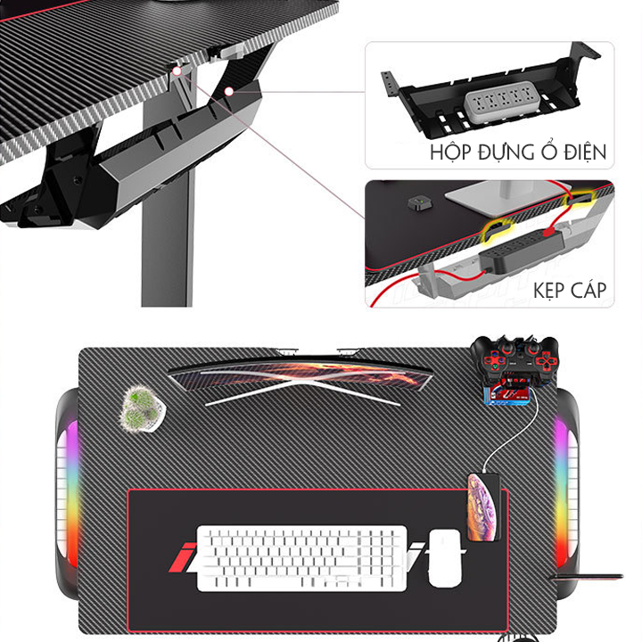 Bàn Chơi Game Kèm Đèn LED - Bàn Gaming Cao Cấp Chân Thép Tĩnh Điện Cao Cấp Vân Các Bon - Bàn Làm Việc Tiện Lợi Nhỏ Gọn