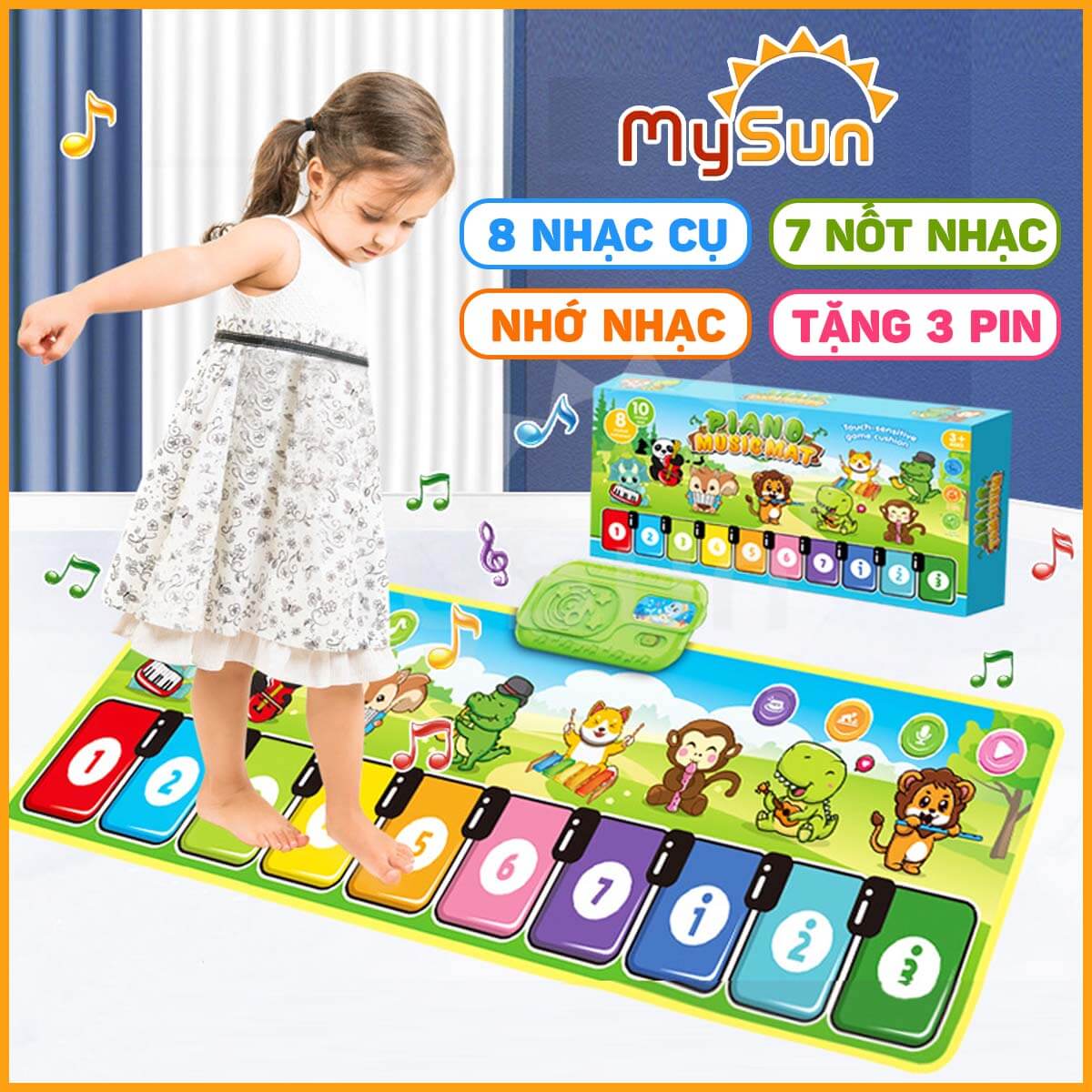 Thảm đàn âm nhạc cho bé chơi nhảy 8 nhạc cụ: đàn Piano, Guitar, Violin, kèn Saxophone, sáo Flute, Accordi