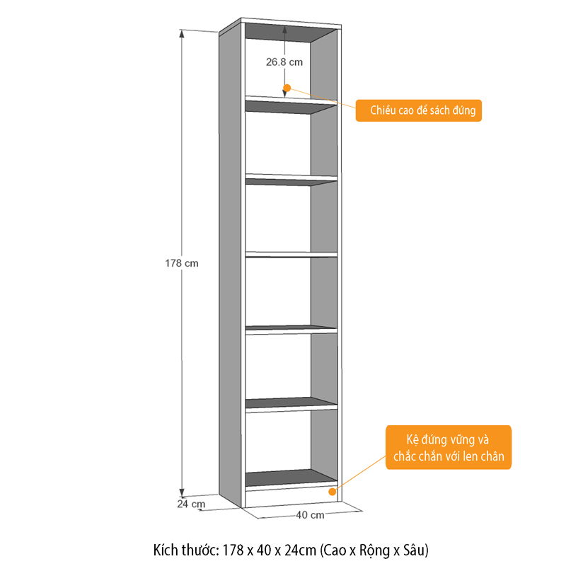 Kệ Sách Để Sàn Gỗ Chống Ẩm Cao Cấp SIB Decor (178 x 40 x 24cm)