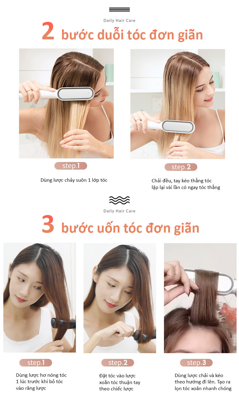 Lược Điện Chải Tóc, Công Suất 45W, Giúp Tóc Bồng Bềnh, Óng Mượt; Làm Xoăn, Duỗi Thẳng Dễ Dàng, Có Đèn Cảnh Báo Nhiệt Độ, Tăng Giảm Nhiệt Độ Dễ Dàng