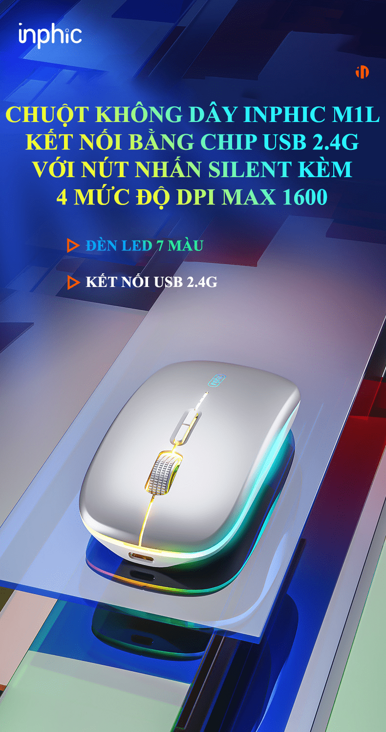 Chuột không dây INPHIC M1L có đèn led 7 màu tự động thay đổi kết nối bằng chip USB 2.4G với 4 mức độ DPI - JL