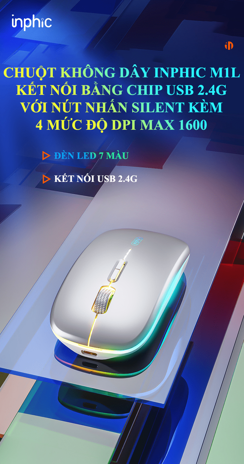 Chuột không dây INPHIC M1L có đèn led 7 màu tự động thay đổi kết nối bằng chip USB 2.4G với 4 mức độ DPI - HN