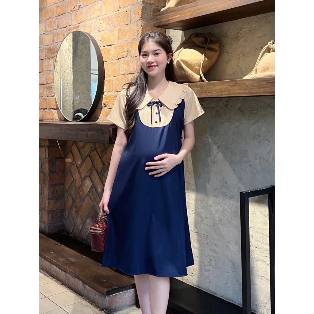 Đầm bầu giả yếm cổ sen bèo form suông công sở cotton lạnh mặc mát mẻ, trẻ trung Váy Bầu Voi - Xanh đậu