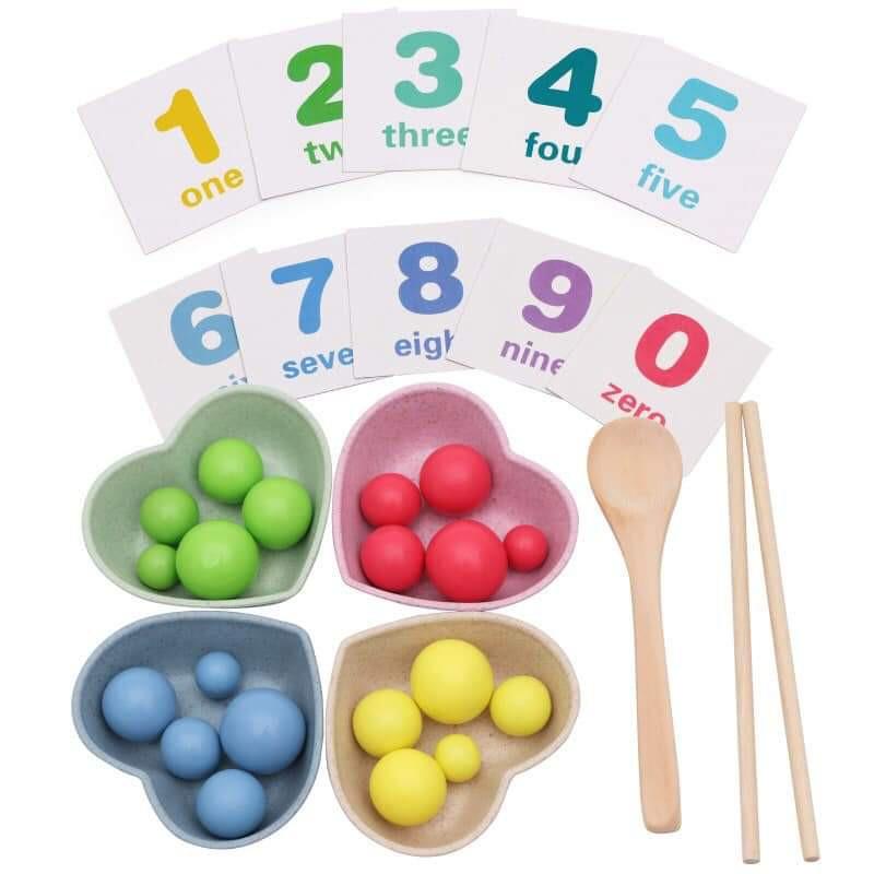 Bộ gắp hạt Gỗ số đếm kèm bát tăng tập trung cho trẻ MONTESSORI