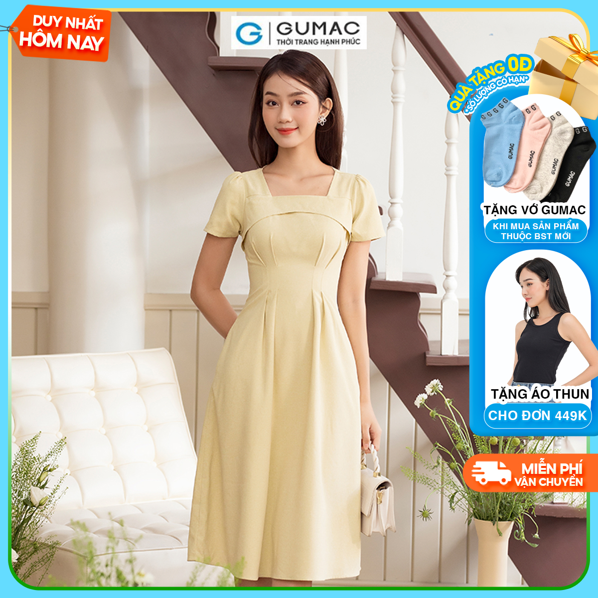 Đầm dáng xòe A tay ngắn cổ vuông chiết ly sang trọng thanh lịch thời trang GUMAC DD06060