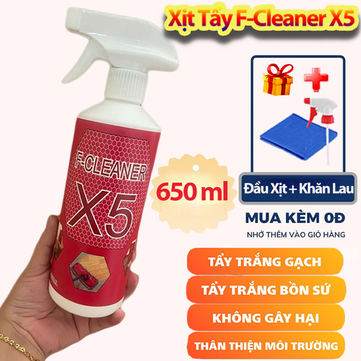 Nước Tẩy Trắng Vệ Sinh Sàn Nhà Dạng Xịt F-Cleaner X5 650ml Làm Sạch Bề Mặt Sàn Đá Hóa, Đường Chỉ Gạch + Tặng Khăn Lau