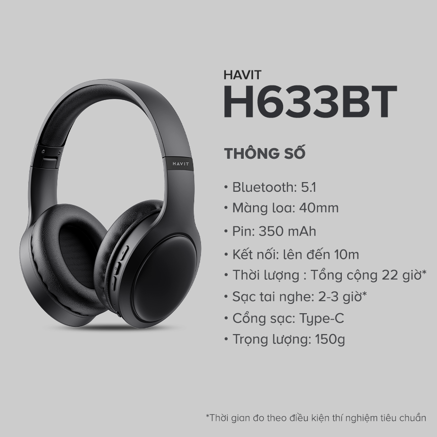 Tai Nghe Headphone Bluetooth HAVIT H633BT, Kiểu Dáng Công Thái Học, Nhỏ Gọn, Nghe Đến 22H - Hàng Chính Hãng