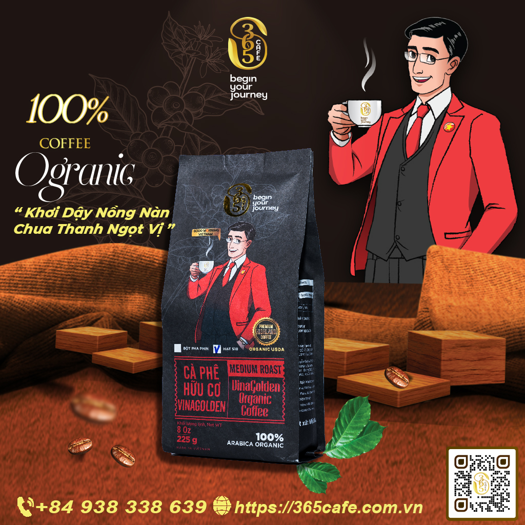 Cà phê hữu cơ VinaGolden 100% Arabica Organic 365 CAFE rang xay nguyên chất, pha phin, pha máy VGO365