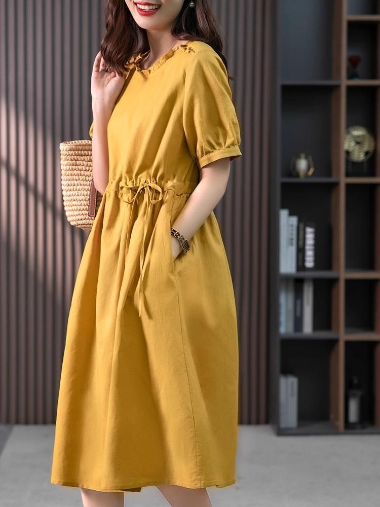 Đầm Linen suông nữ ngắn tay cổ bèo nhăn, có dây chỉnh eo phong cách trẻ trung Haint Boutique