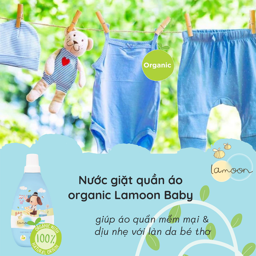 COMBO Nước giặt đồ sơ sinh Organic an toàn cho bé Lamoon Dạng Bình 750ml - Túi 700ml Refill