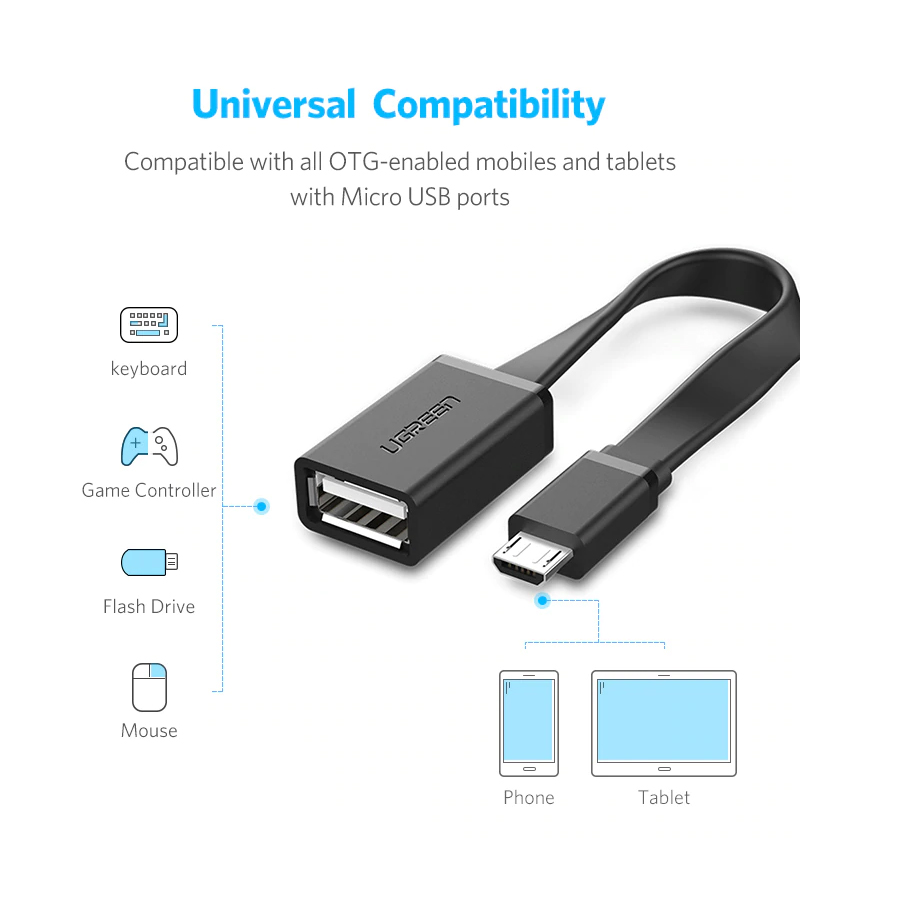 Cáp chuyển đổi USB 2.0 sang Micro USB OTG loại dẹt Ugreen 10821 - Hàng Chính Hãng