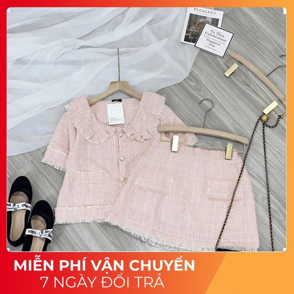 Set váy áo dạ nhũ hông chân váy ngắn