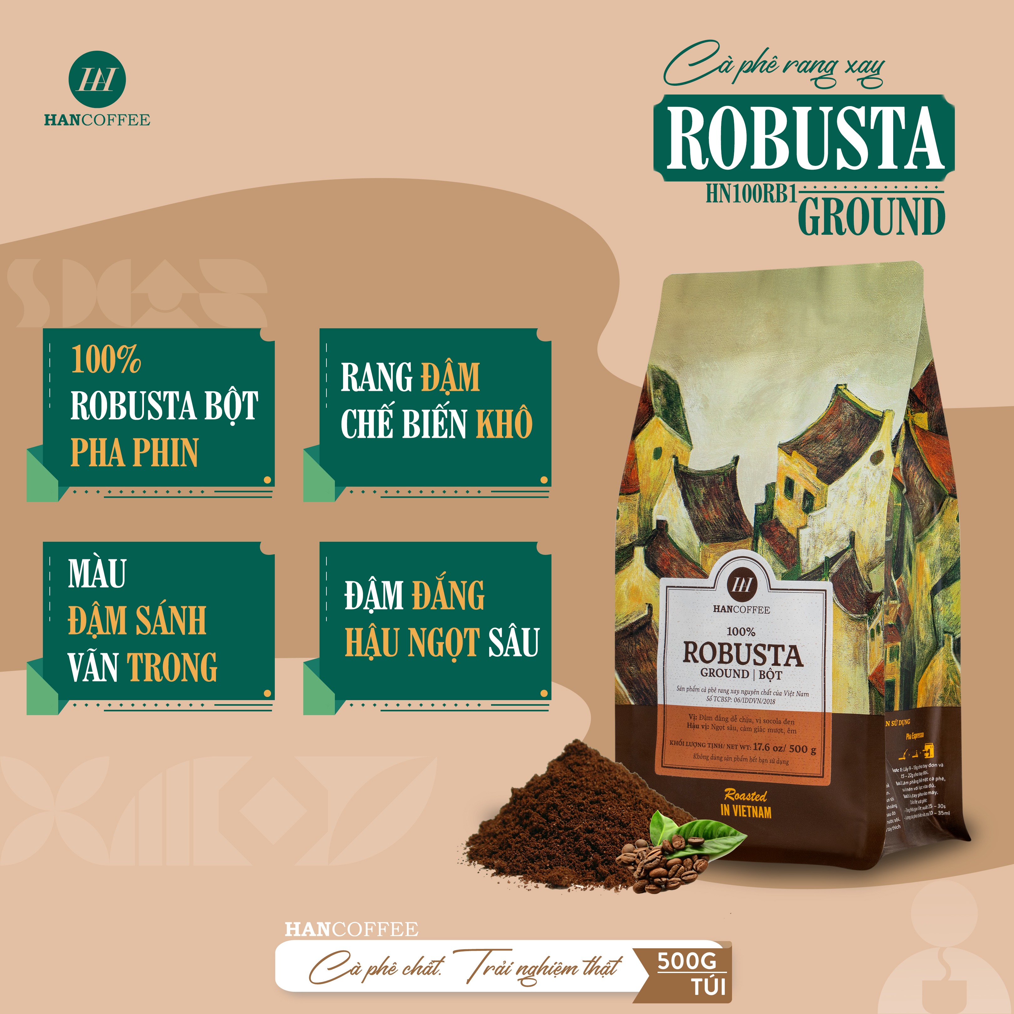 Cà Phê Robusta - Cafe Rang Mộc 100% HANCOFFEE Đắng Vừa, Hậu Ngọt, Dễ Uống Pha Phin - HN100RB1