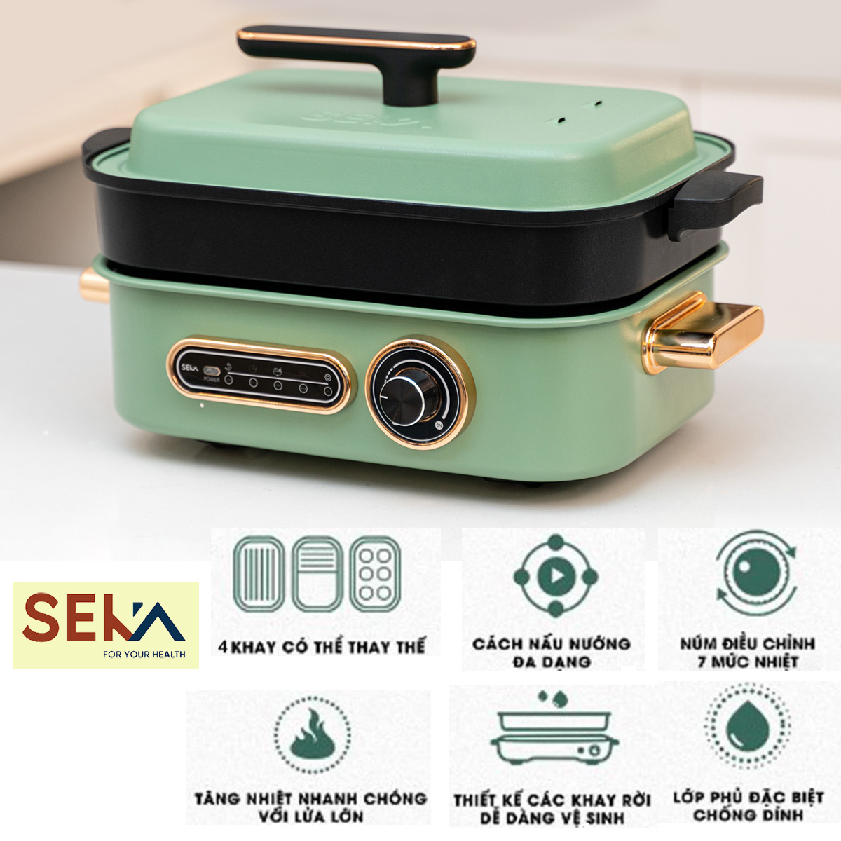Nồi Lẩu Điện Đa Năng SEKA 1400W - Kết Hợp 4 Trong 1 - Kiểm Xoát Nhiệt Độ An Toàn, Làm Nóng Nhanh, Gia Nhiệt Đều, Lớp Phủ Chống Dính Ceramic Cao Cấp - HÀNG CHÍNH HÃNG.