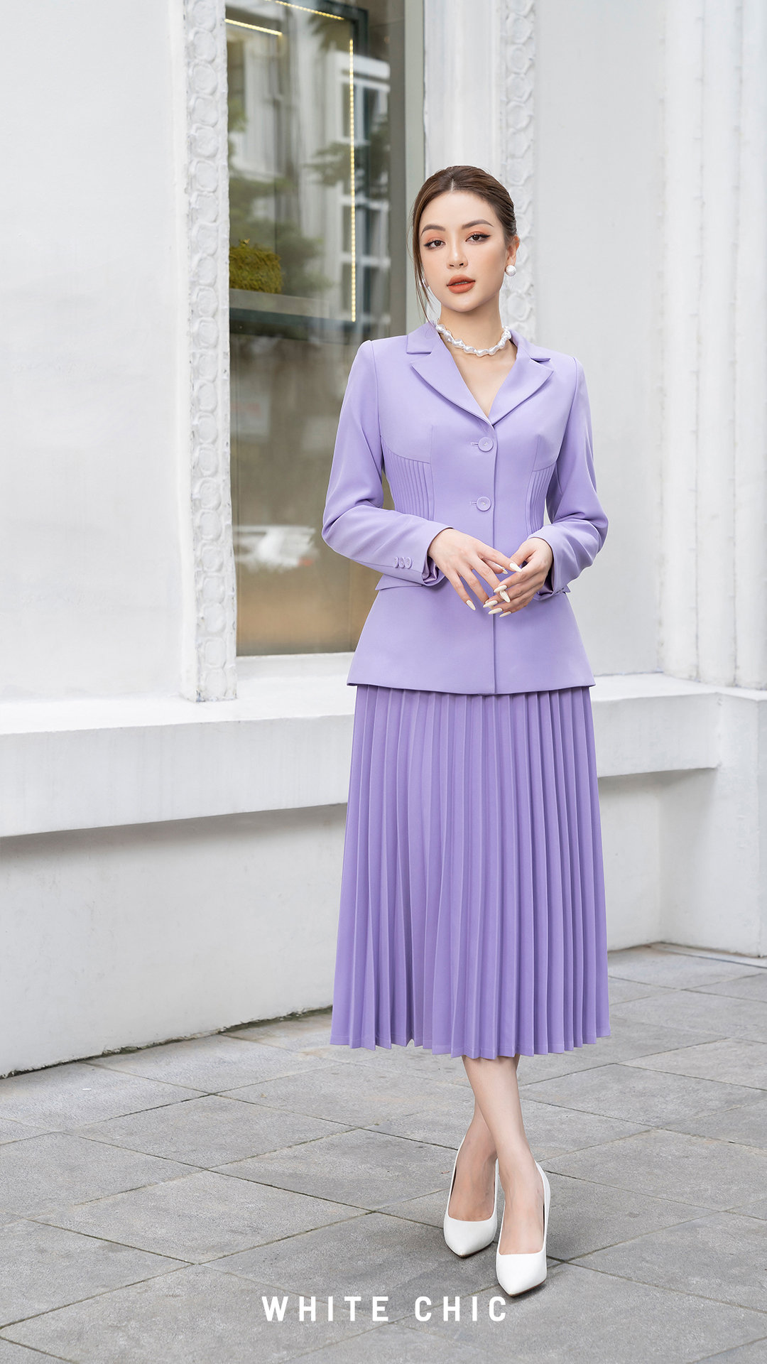 Set áo blazer &amp; chân váy Colonnade màu tím thiết kế cao cấp WHITE CHIC