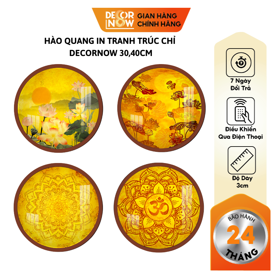 Đèn hào quang phật in tranh trúc chỉ DECORNOW 20,30,40 cm, trang trí bàn thờ, hào quang trúc chỉ HOA SEN, DCN-14
