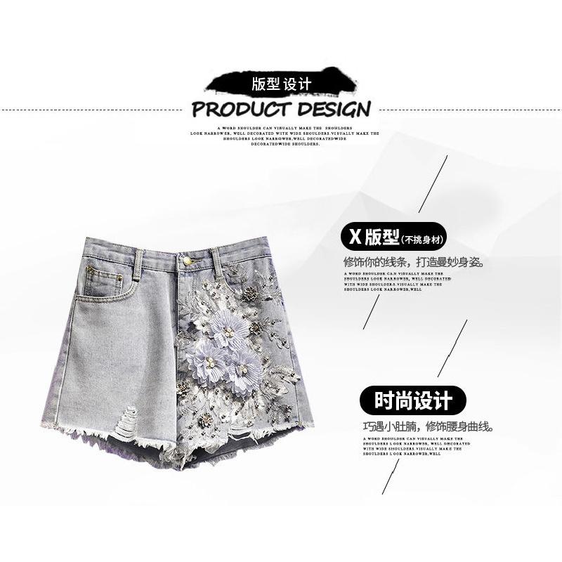 Quần Short Nữ Thêu Họa Tiết Phong Cách Châu Âu Denim Dáng Rộng Lưng Cao