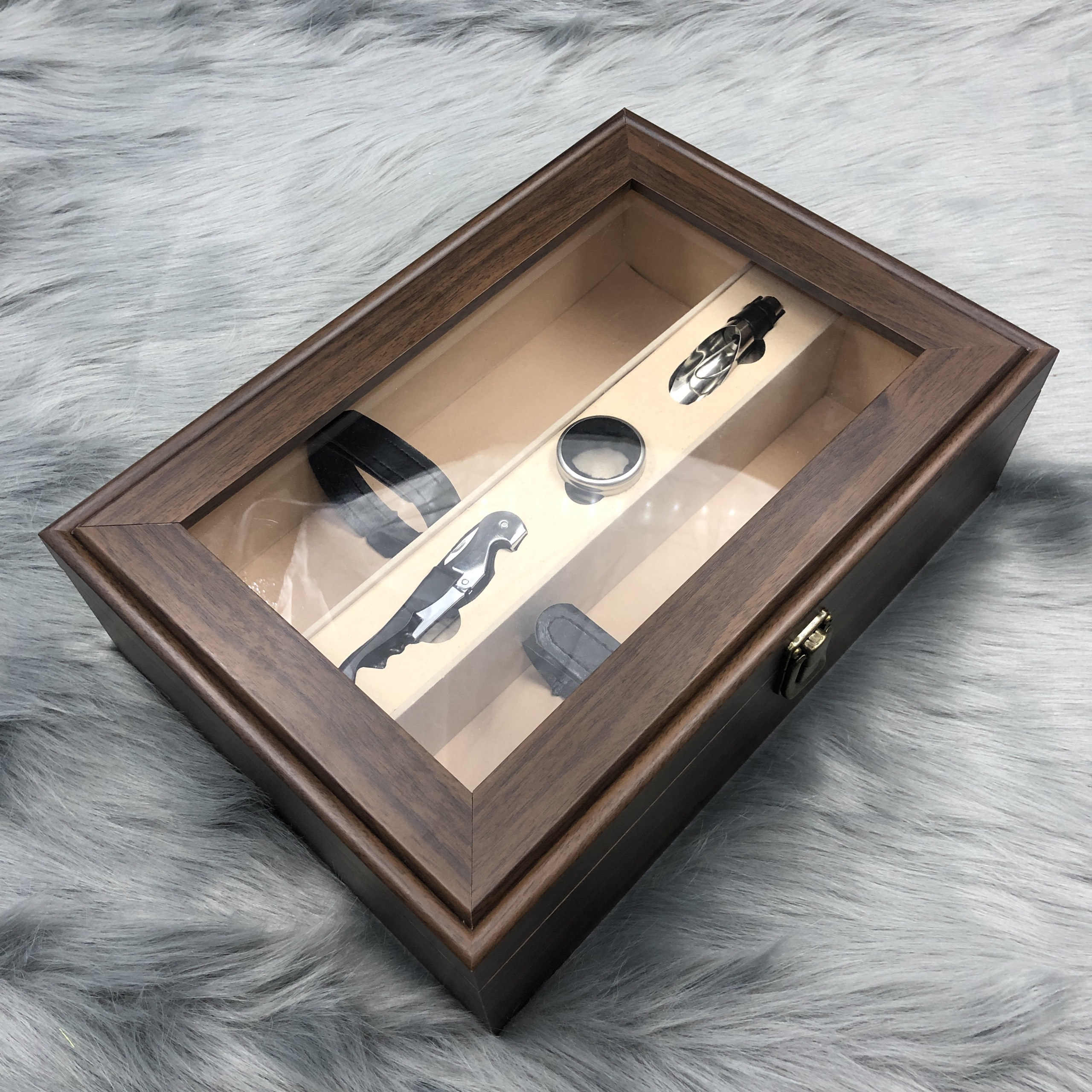 Hộp đựng vang tủ kính vân gỗ cao cấp kèm phụ kiện 3 món tiện lợi BHR