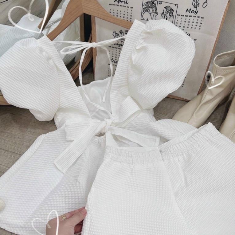 Set áo babydoll xốp cột nơ lưng cổ U tay phồng , quần short