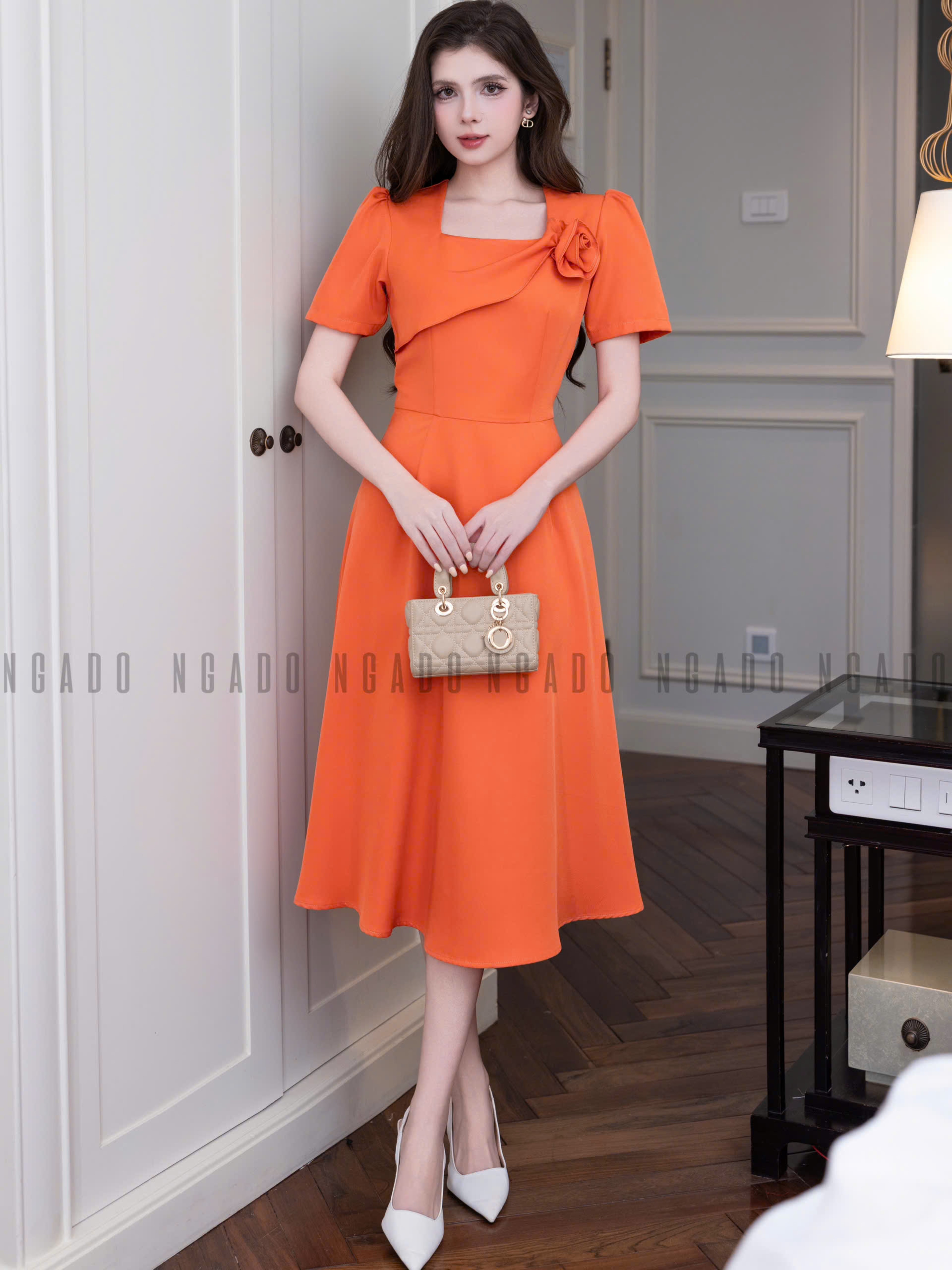 Đầm cam phối hoa NGADO , đầm nữ , đầm công sở , dự tiệc