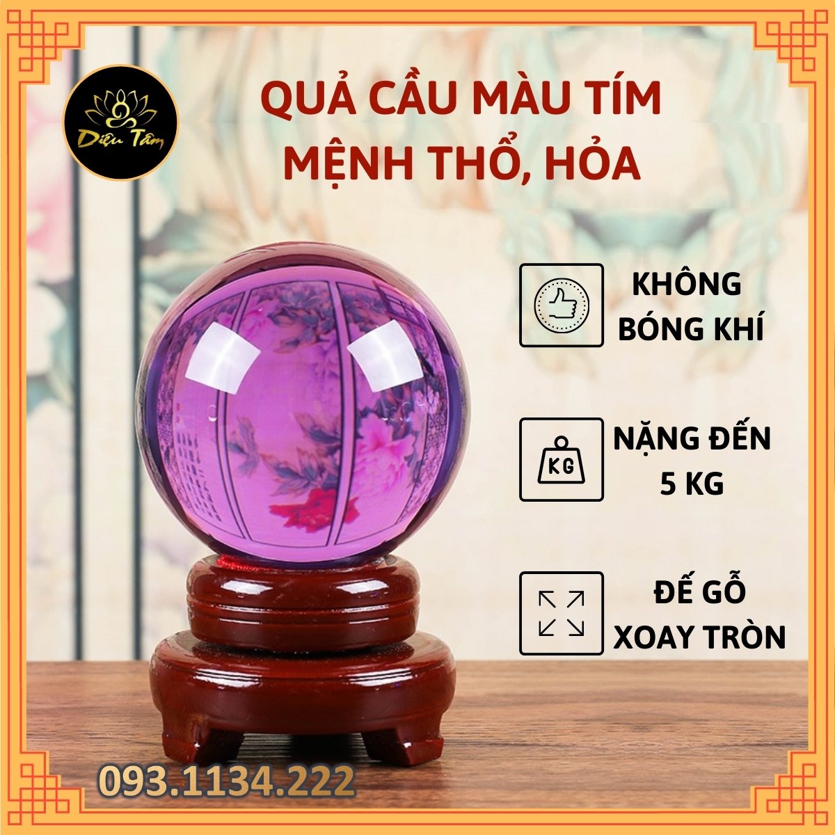 Quả cầu phong thủy pha lê màu tím size to  15cm hợp mệnh Thổ, mệnh Hỏa đồ phong thủy trang trí