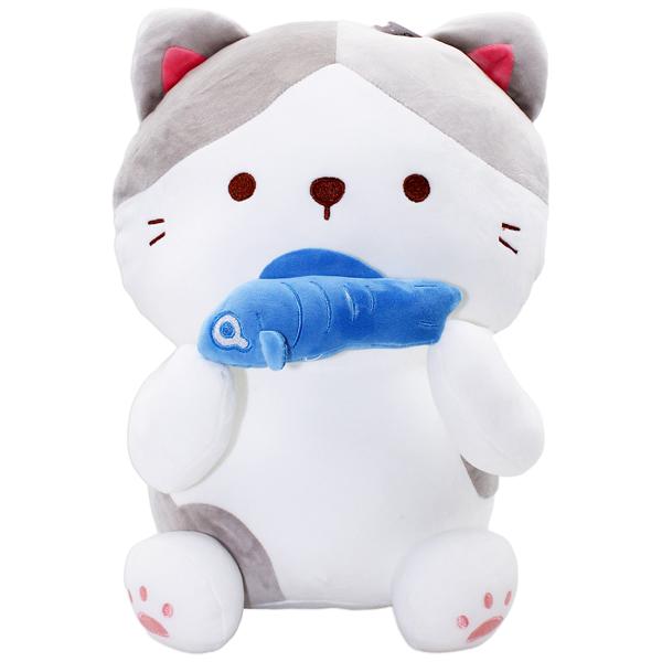 Thú Bông Mèo Trắng Xám Ôm Cá 45 cm - ZooZoo 45340