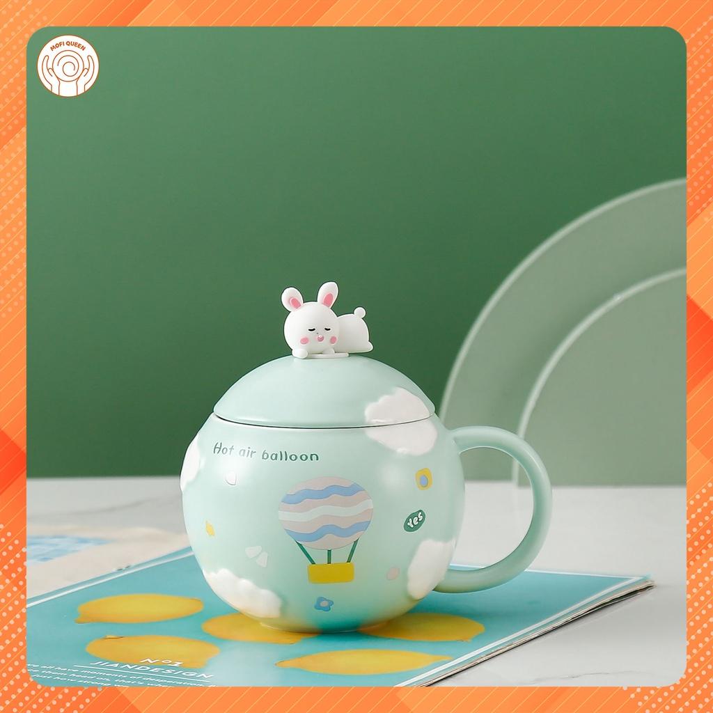 Cốc uống nước, ly uống nước văn phòng, cute dễ thương kèm nắp và muỗng thỏ 400ml