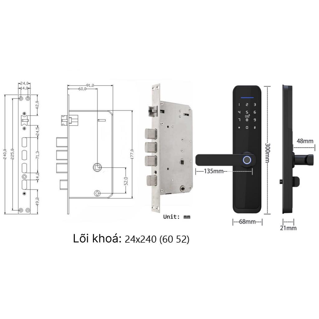 Khóa vân tay thông minh Wifi Tuya X3-PLUS Bản to sang trọng điều khiển mở cửa từ xa qua điện thoại - lõi khóa to 6052