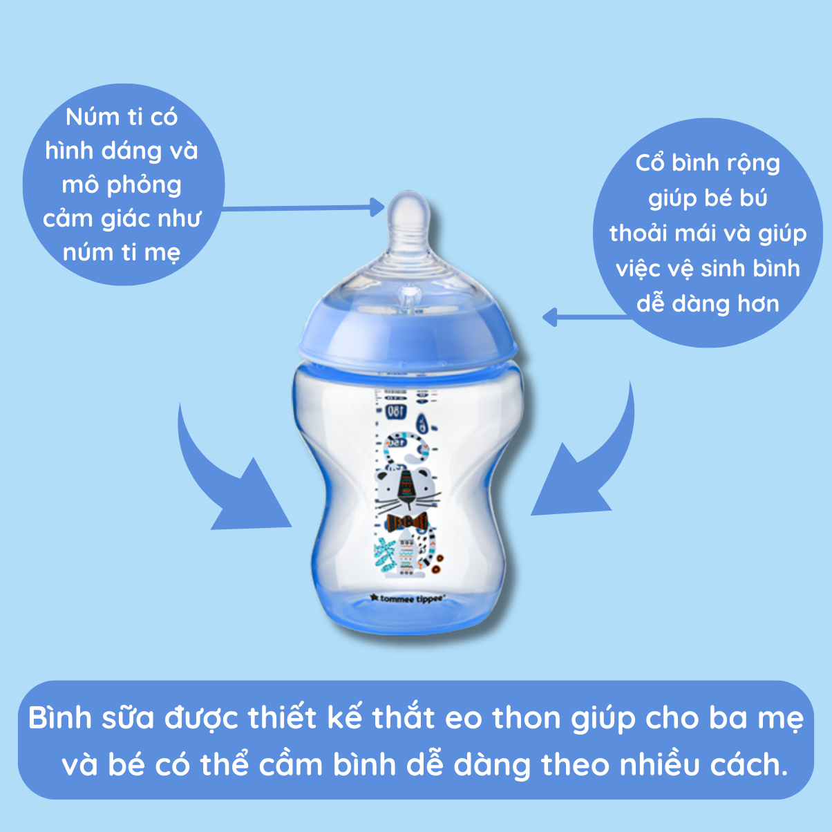 Bình Sữa Ty Siêu Mềm Tự Nhiên Tommee Tippee Closer To Nature 260ml, Núm Ty Của Bình 3-6 Tháng – Xanh Dương (Bình Đôi)