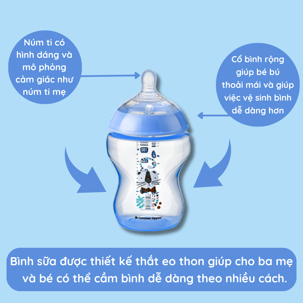 Bình sữa ty siêu mềm tự nhiên Tommee Tippee Closer to Nature 260ml, núm ty đi kèm 3-6 tháng – Xanh dương (Bình đôi)