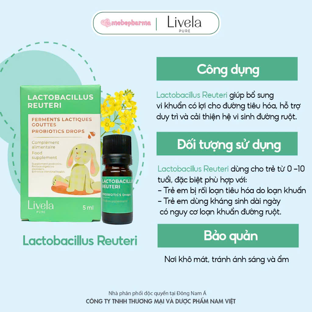 Men vi sinh LACTOBACILLUS REUTERI Bổ sung vi khuẩn có lợi, giảm rối loạn tiêu hoá 5ml