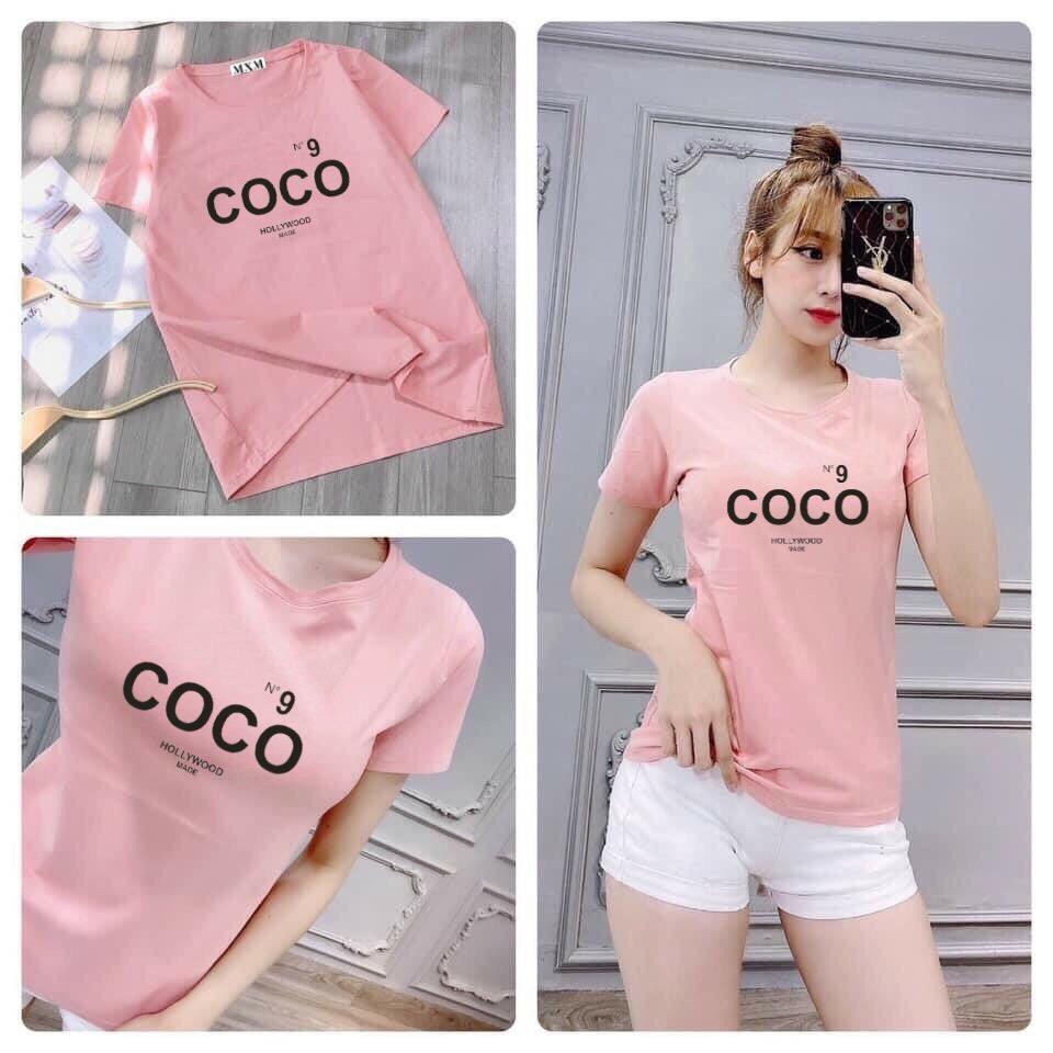 Áo thun nữ MXM cổ tròn in chữ COCO thun 4 chiều form suông từ 40-55kg