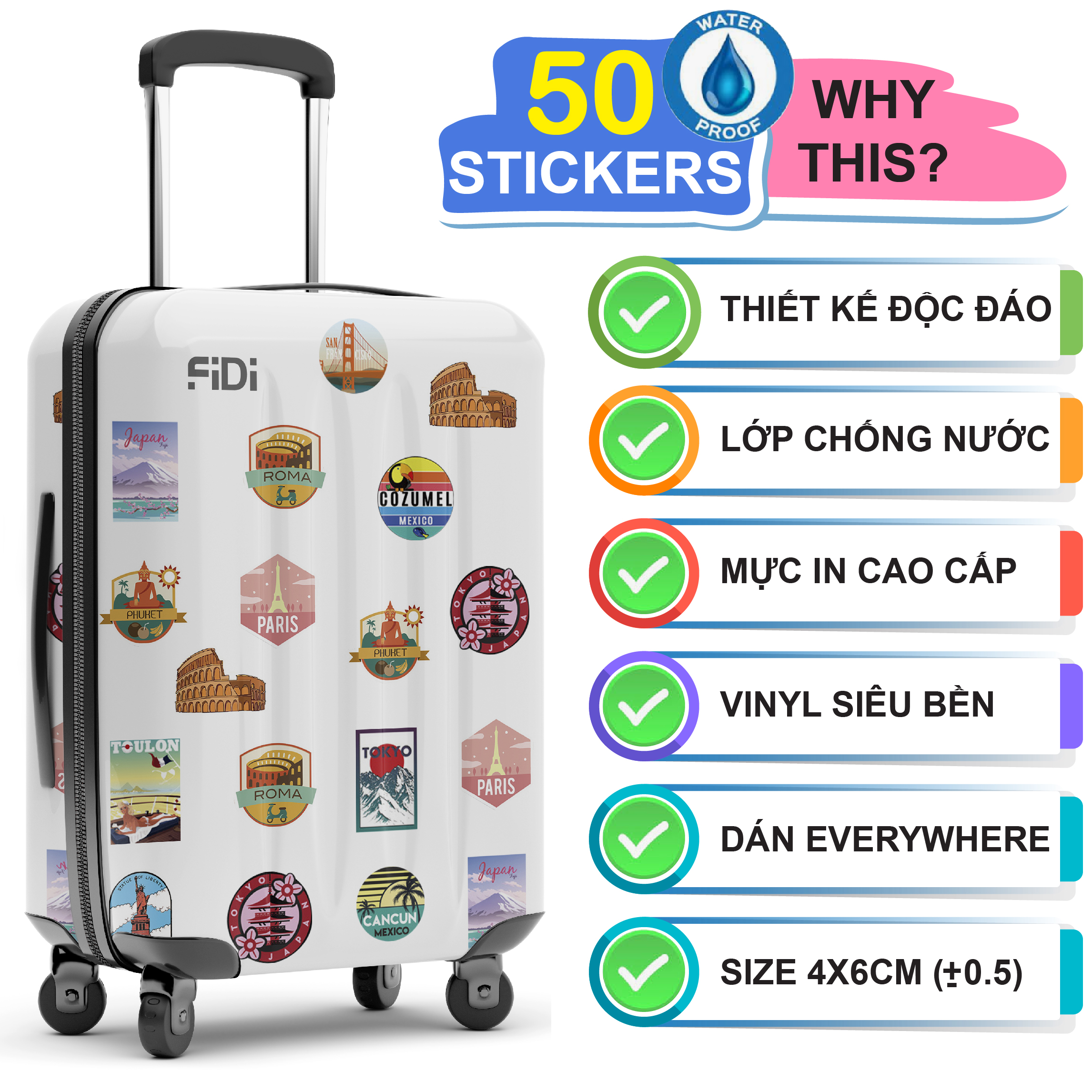 50 Stickers Vintage Travel Label trang trí laptop, điện thoại, ipad, cốc nước, sổ tay, vali du lịch, scooter, ván trược - Chống thấm nước - FiDi